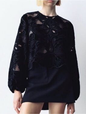 Zara Black Embroidered Velvet Top- NWT